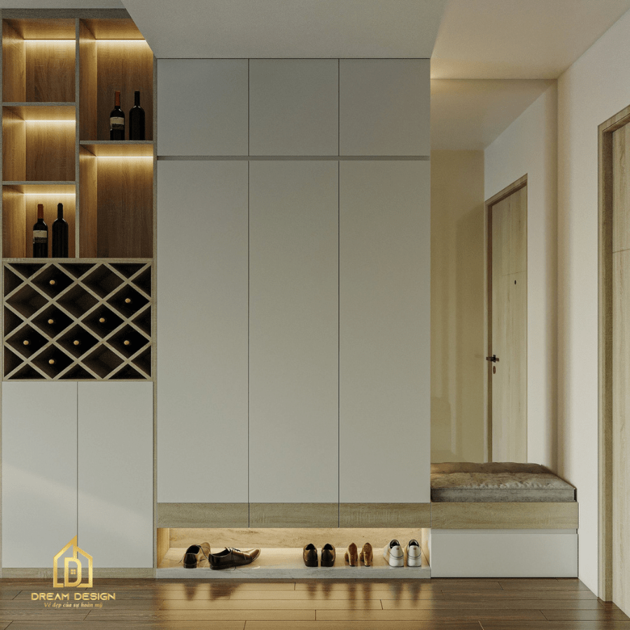 Tủ giày kết hợp với gương soi là một món đồ nội thất độc đáo và ấn tượng