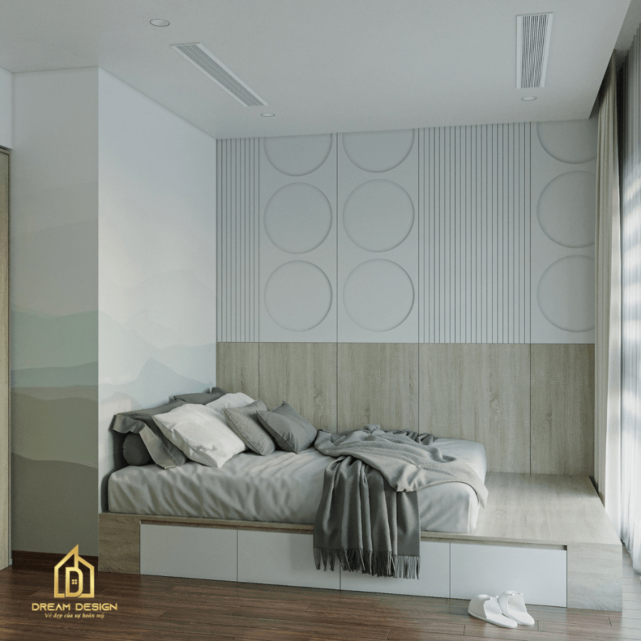 Giường ngủ kết hợp với các ngăn kéo để có thể đựng các đồ dùng của bé một cách gọn gằng ngăn nắp