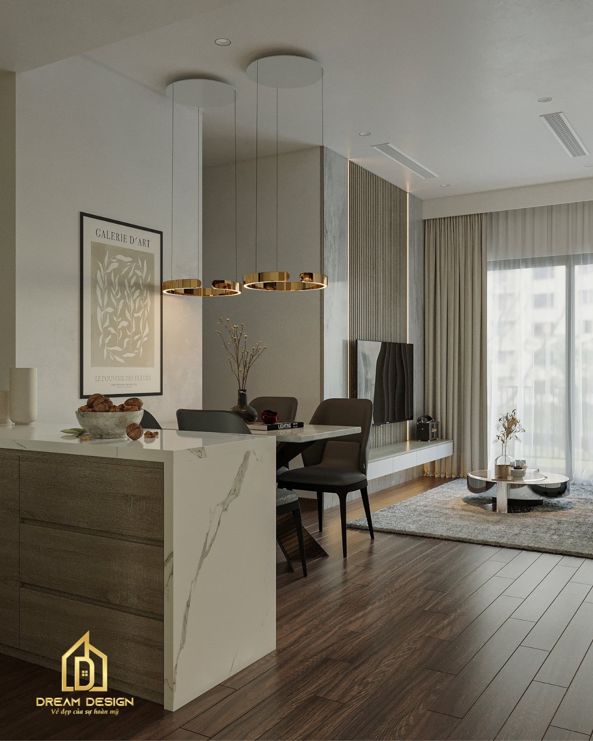 Bàn đảo có thể được sử dụng như quầy bar mini, tạo nơi để mọi người quây quần trò chuyện, thưởng thức đồ ăn