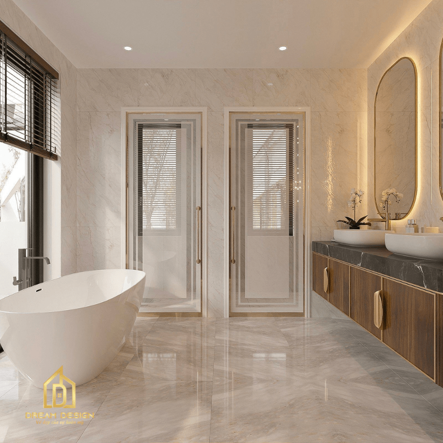  Phòng wc được thiết kế kết hợp với bồn tắm tạo nên sự đồng nhất và sang trọng cho không gian 