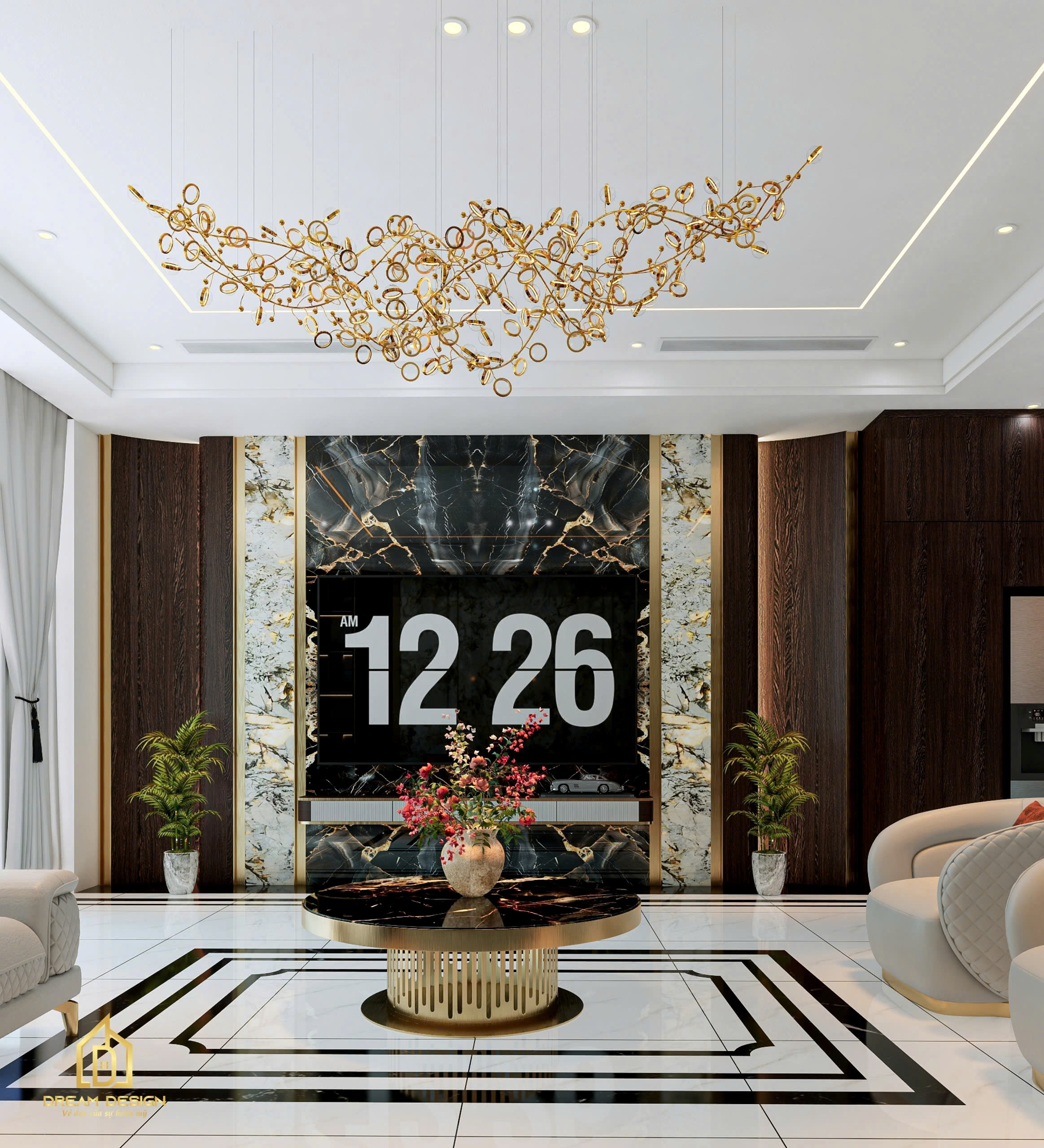 Phòng khách sang trọng với đá marble vân nổi và đèn chùm nghệ thuật, tạo nên vẻ đẹp đẳng cấp đầy cuốn hút.