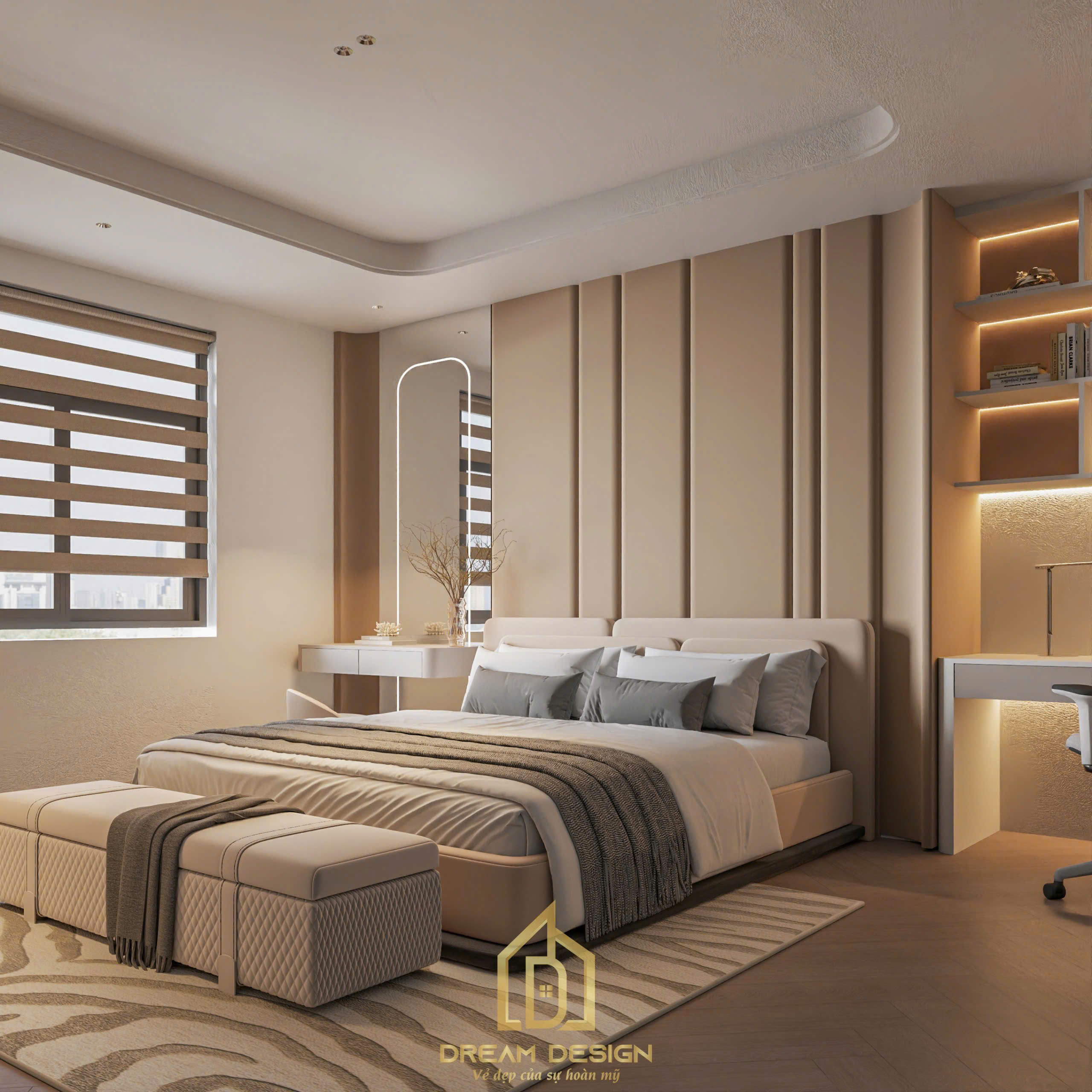Thiết kế nội thất không gian phòng ngủ với đồ nội thất tinh tế.