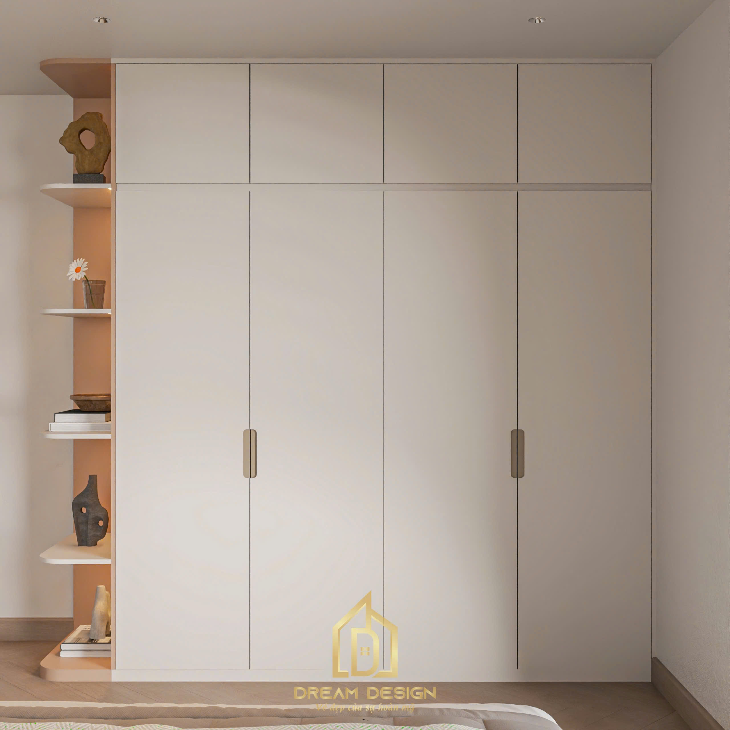 Tủ quần áo thiết kế âm tường với đường nét tối giản, kết hợp kệ trang trí tinh tế tạo nên vẻ đẹp hiện đại, gọn gàng và đầy thẩm mỹ cho không gian phòng ngủ.