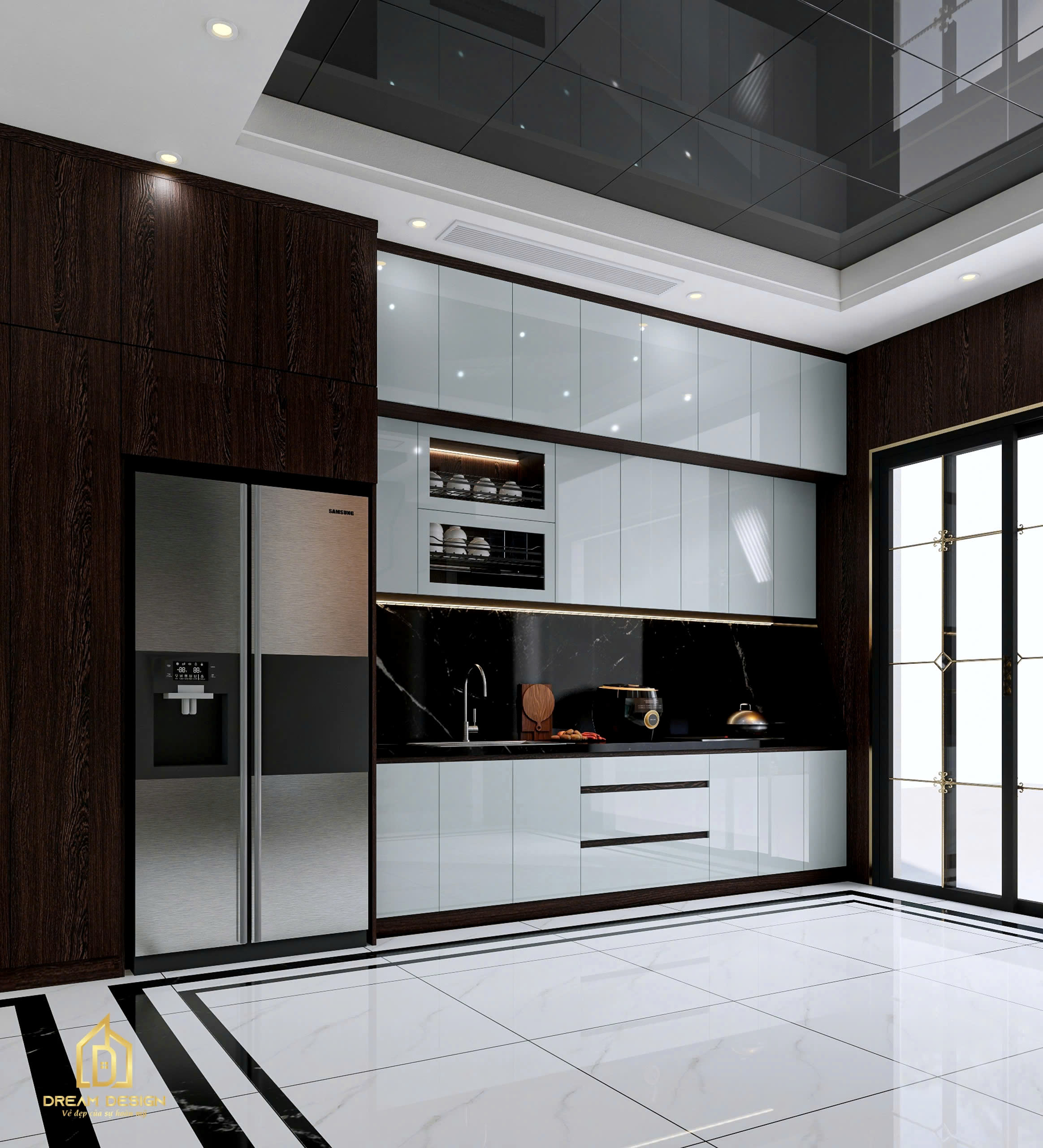 Bếp hiện đại, sang trọng với sự kết hợp tinh tế giữa tủ trắng bóng và đá vân đen.