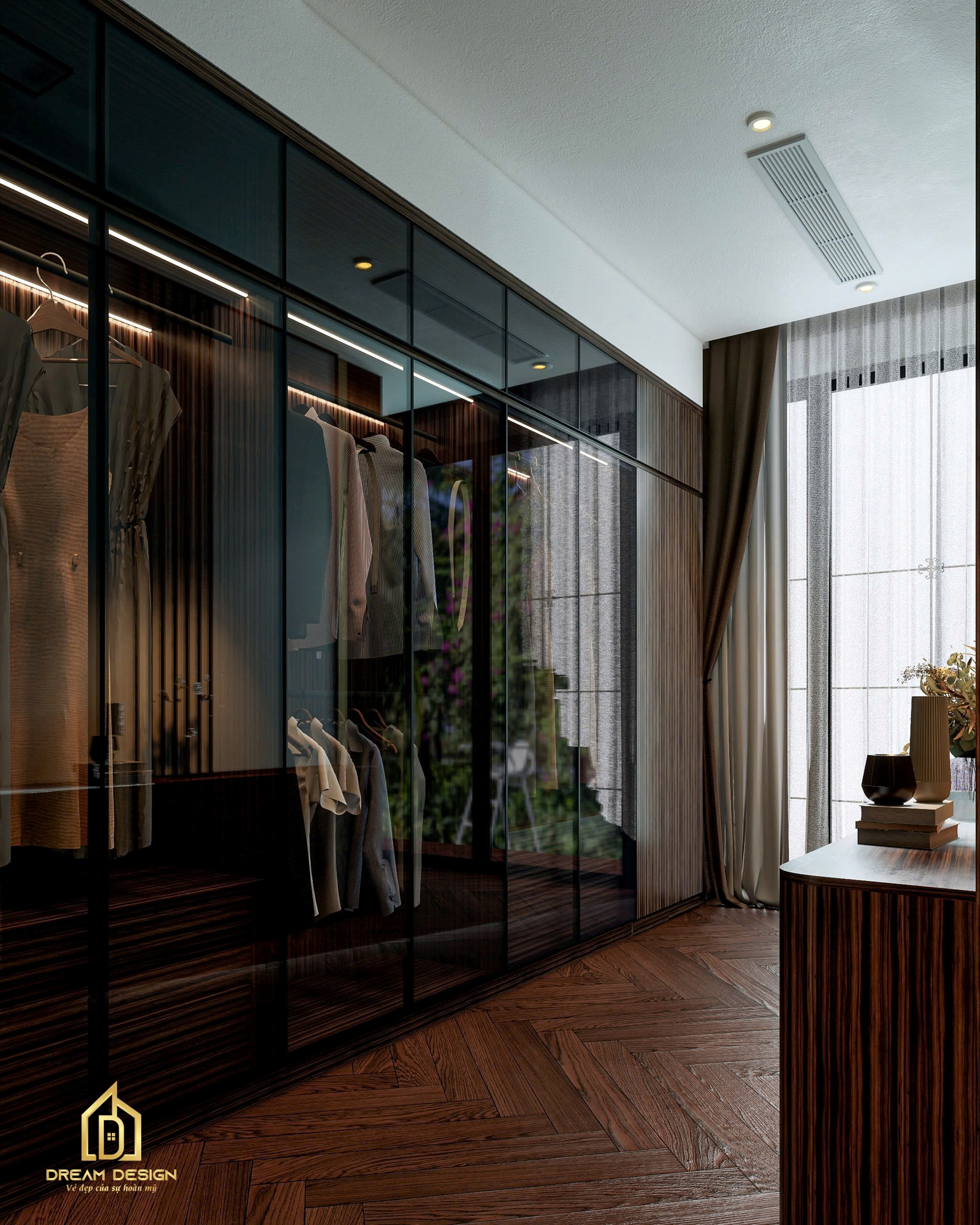 Thiết kế tủ quần áo kính hiện đại, bố trí gọn gàng, tôn lên vẻ đẹp sang trọng và tinh tế của không gian.