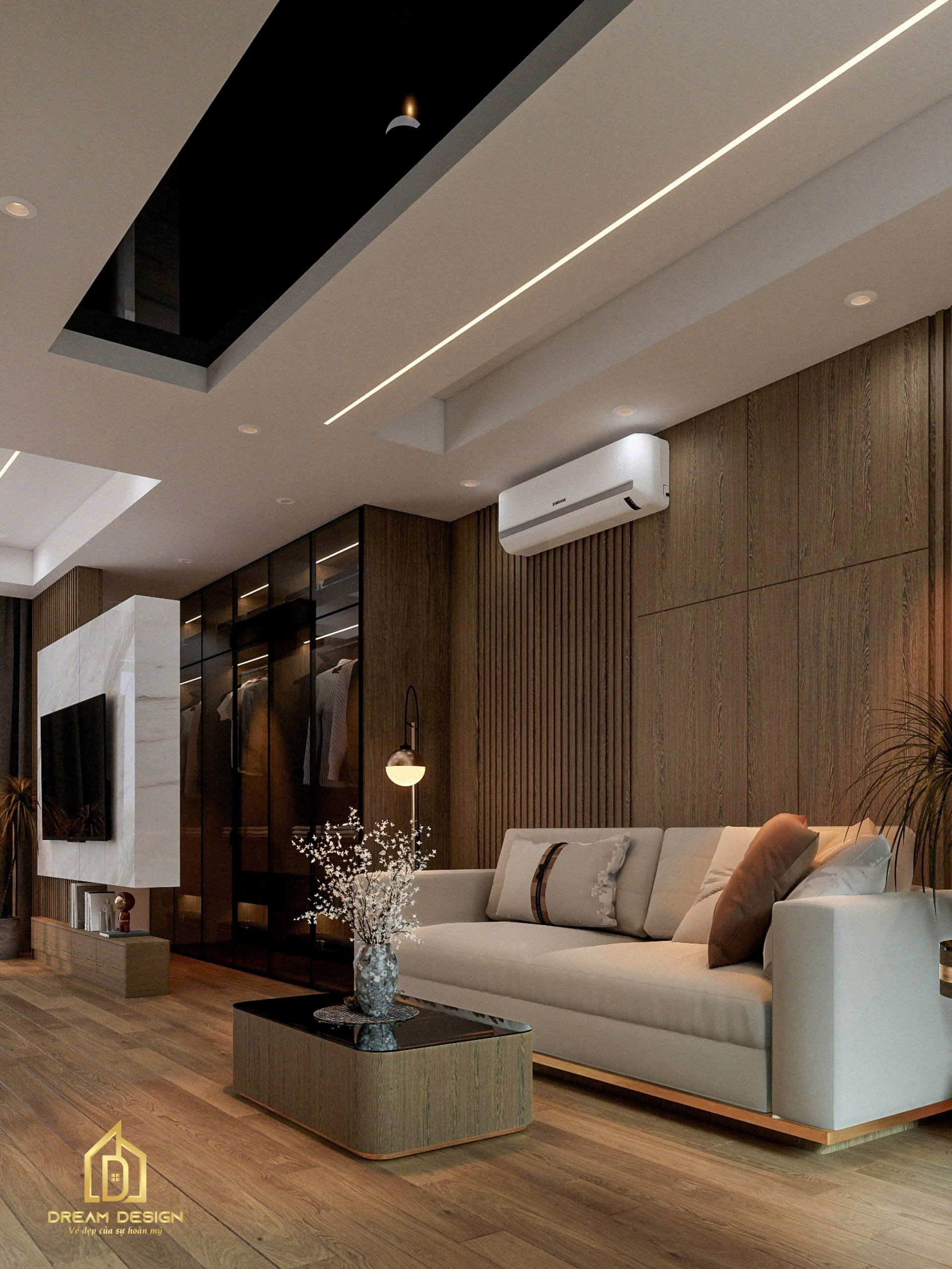 Góc sofa ấm áp với thiết kế hiện đại, nơi thư giãn và làm việc hòa quyện trong cùng một không gian tinh tế.